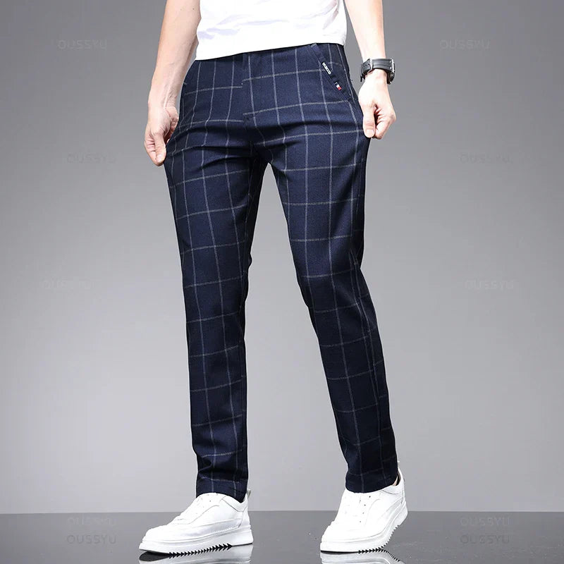Calça Social Xadrez Masculina Rauffstein RS204, com corte slim fit, perfeita para eventos formais ou corporativos com estilo e elegância.