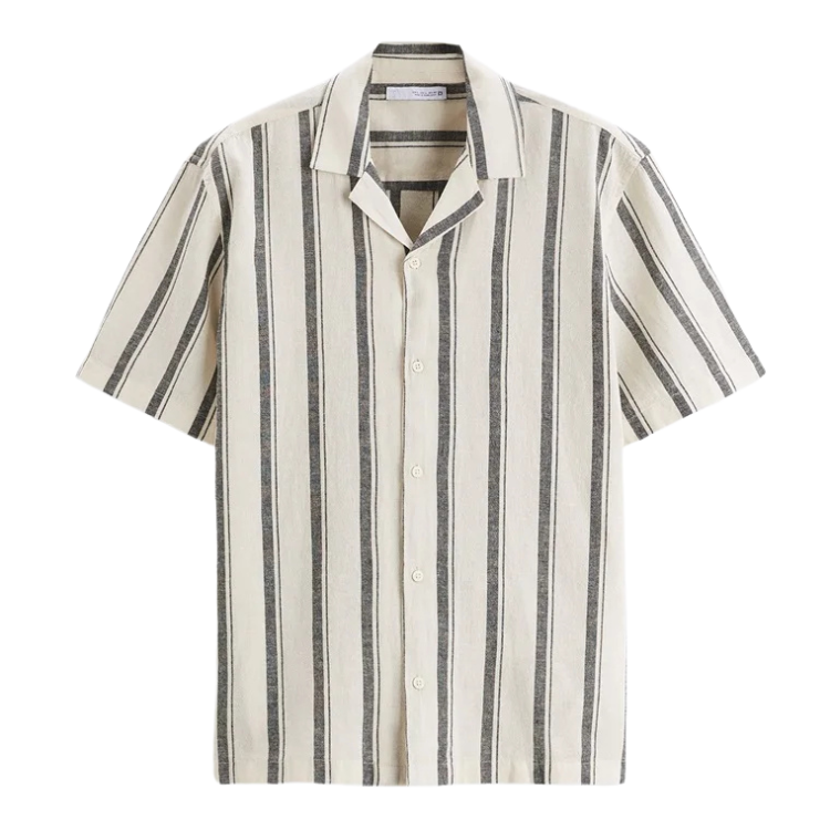 Camisa Masculina em Linho Listrada Rauffstein RS359, corte casual, tecido respirável e colarinho acampamento para um estilo moderno e sofisticado.
