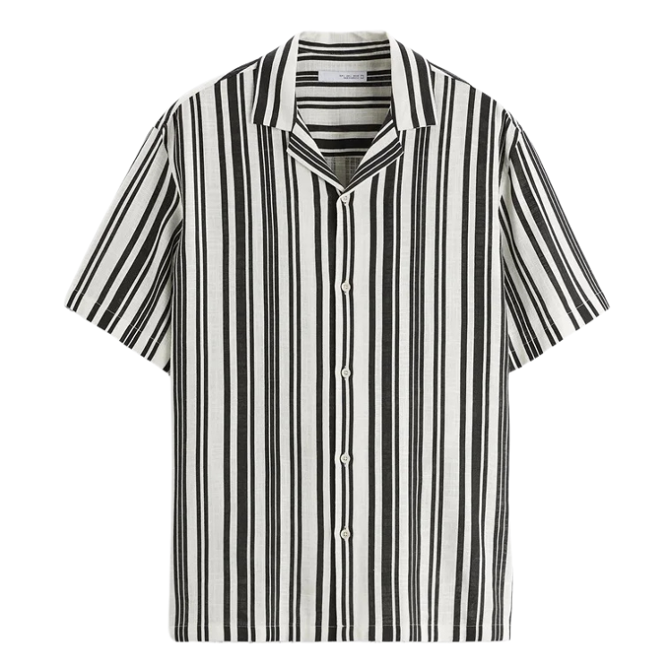Camisa Masculina em Linho Listrada Rauffstein RS359, corte casual, tecido respirável e colarinho acampamento para um estilo moderno e sofisticado.