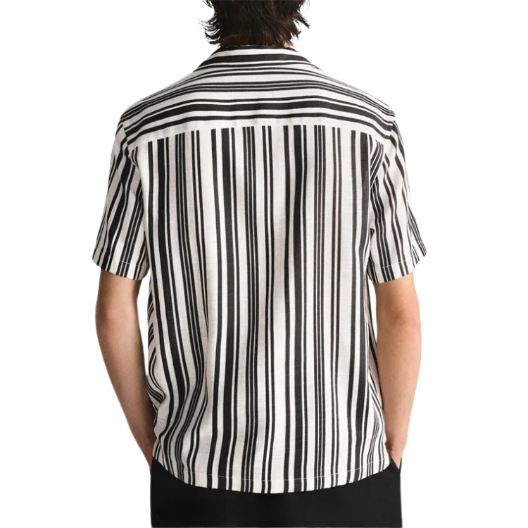 Camisa Masculina em Linho Listrada Rauffstein RS359, corte casual, tecido respirável e colarinho acampamento para um estilo moderno e sofisticado.
