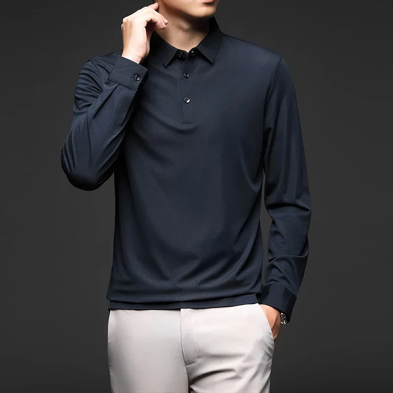 Camisa Polo Manga Comprida Masculina Rauffstein RS051, tecido premium, caimento ajustado e design sofisticado para conforto e versatilidade.