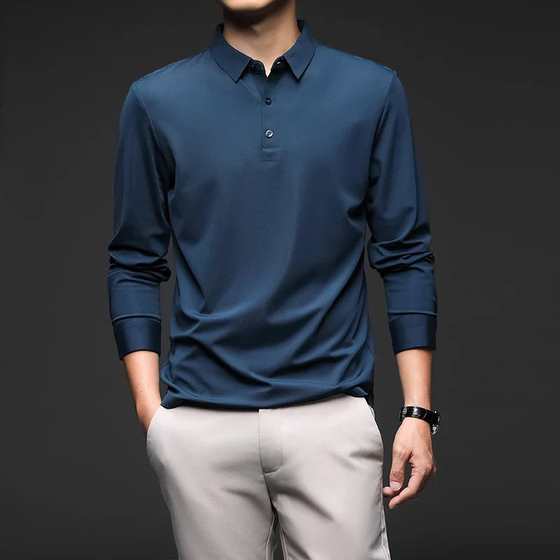 Camisa Polo Manga Comprida Masculina Rauffstein RS051, tecido premium, caimento ajustado e design sofisticado para conforto e versatilidade.