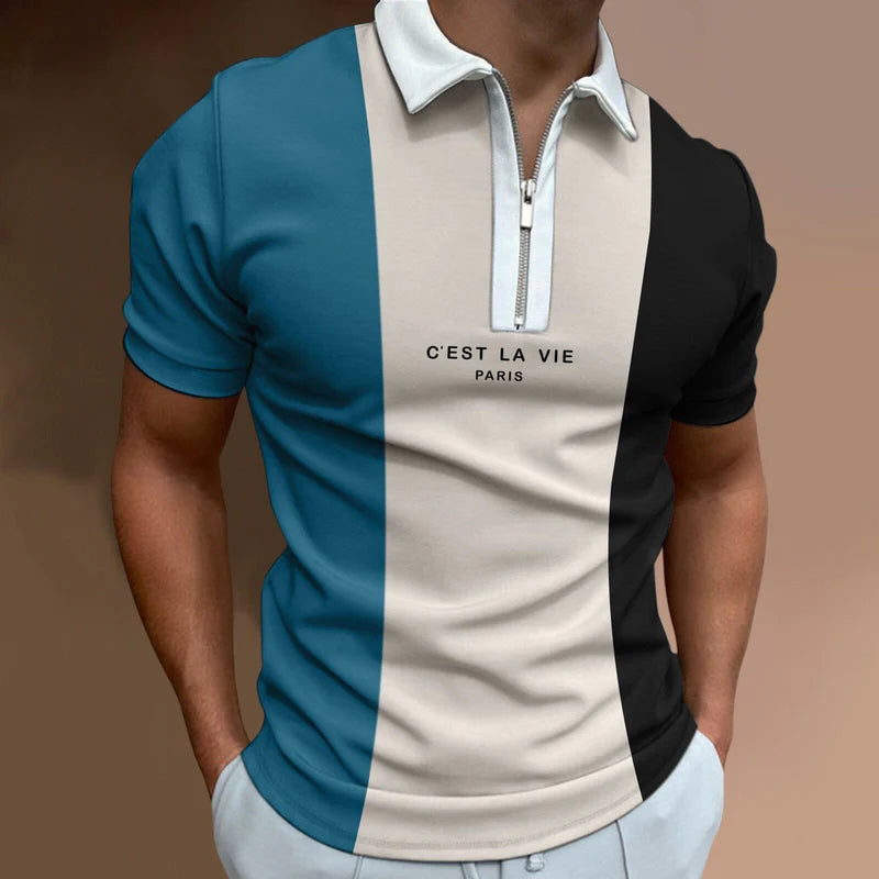 Camisa Polo Masculina Rauffstein RS240 moderna, com estampa listrada e gola com zíper, ideal para visuais casuais e formais com conforto.
