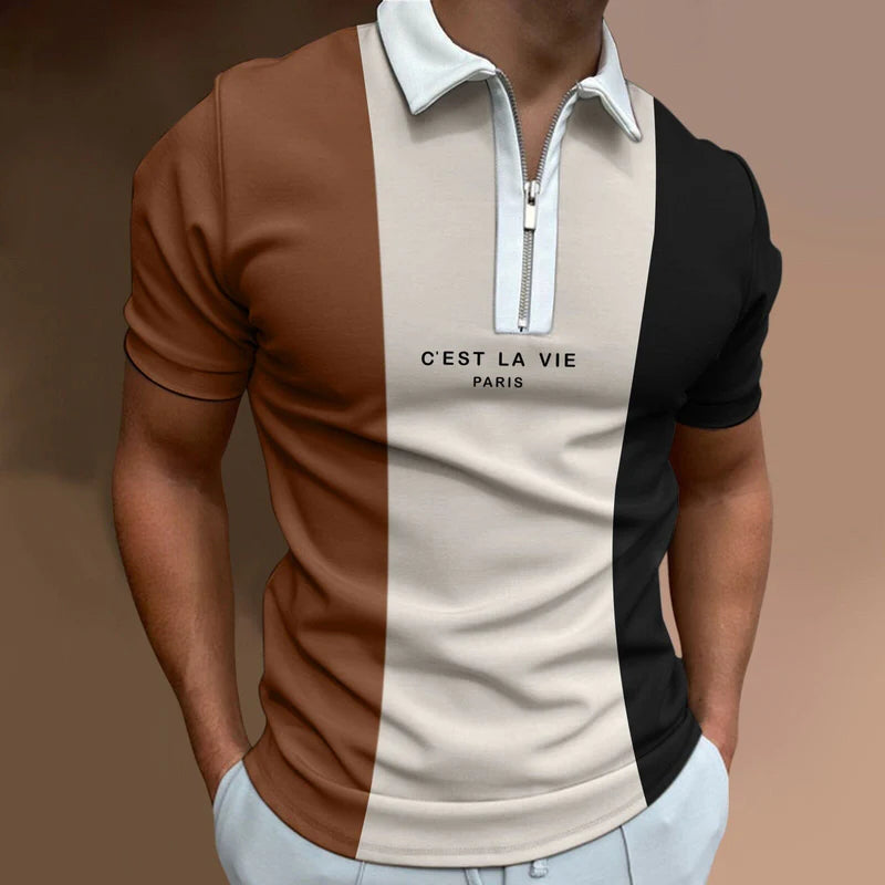 Camisa Polo Masculina Rauffstein RS240 moderna, com estampa listrada e gola com zíper, ideal para visuais casuais e formais com conforto.