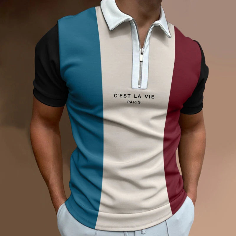 Camisa Polo Masculina Rauffstein RS240 moderna, com estampa listrada e gola com zíper, ideal para visuais casuais e formais com conforto.