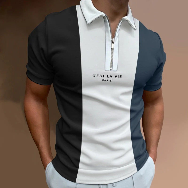 Camisa Polo Masculina Rauffstein RS240 moderna, com estampa listrada e gola com zíper, ideal para visuais casuais e formais com conforto.