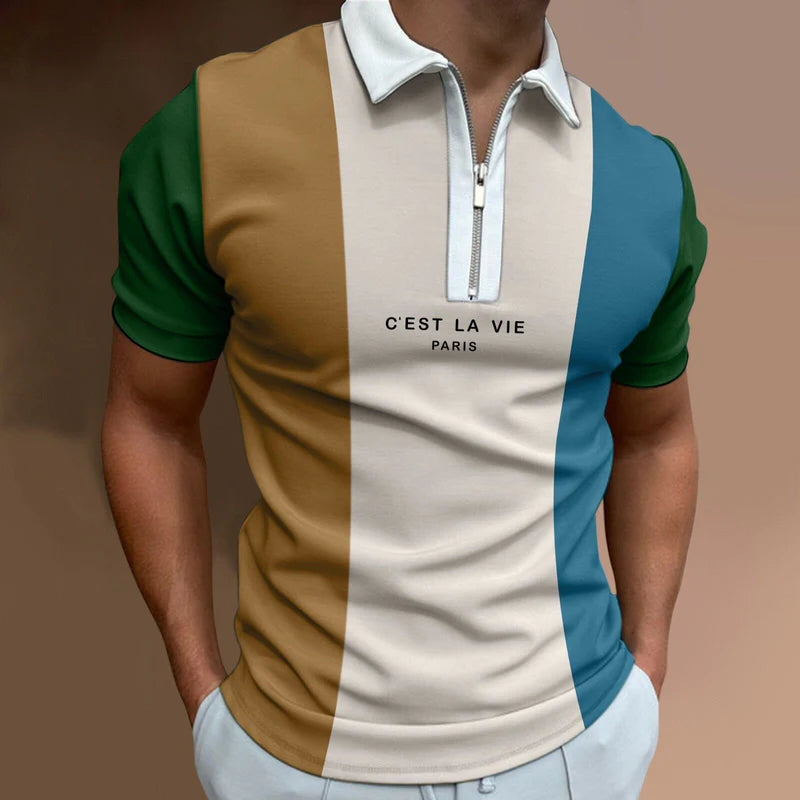 Camisa Polo Masculina Rauffstein RS240 moderna, com estampa listrada e gola com zíper, ideal para visuais casuais e formais com conforto.