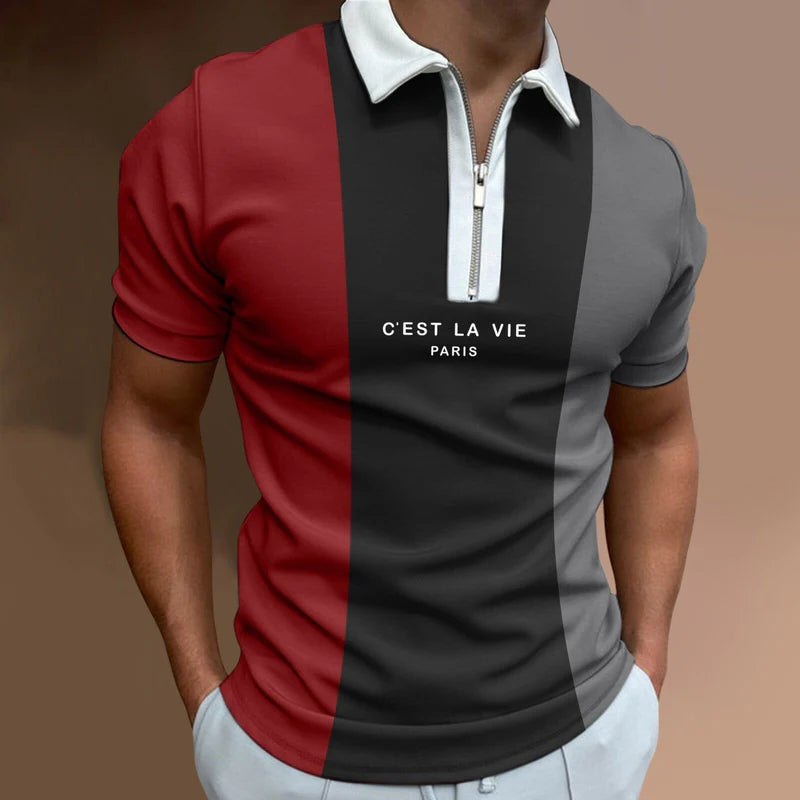 Camisa Polo Masculina Rauffstein RS240 moderna, com estampa listrada e gola com zíper, ideal para visuais casuais e formais com conforto.