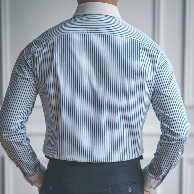 Camisa Social Listrada Masculina Rauffstein RS053, modelagem slim fit, tecido premium e design elegante para estilo e conforto.