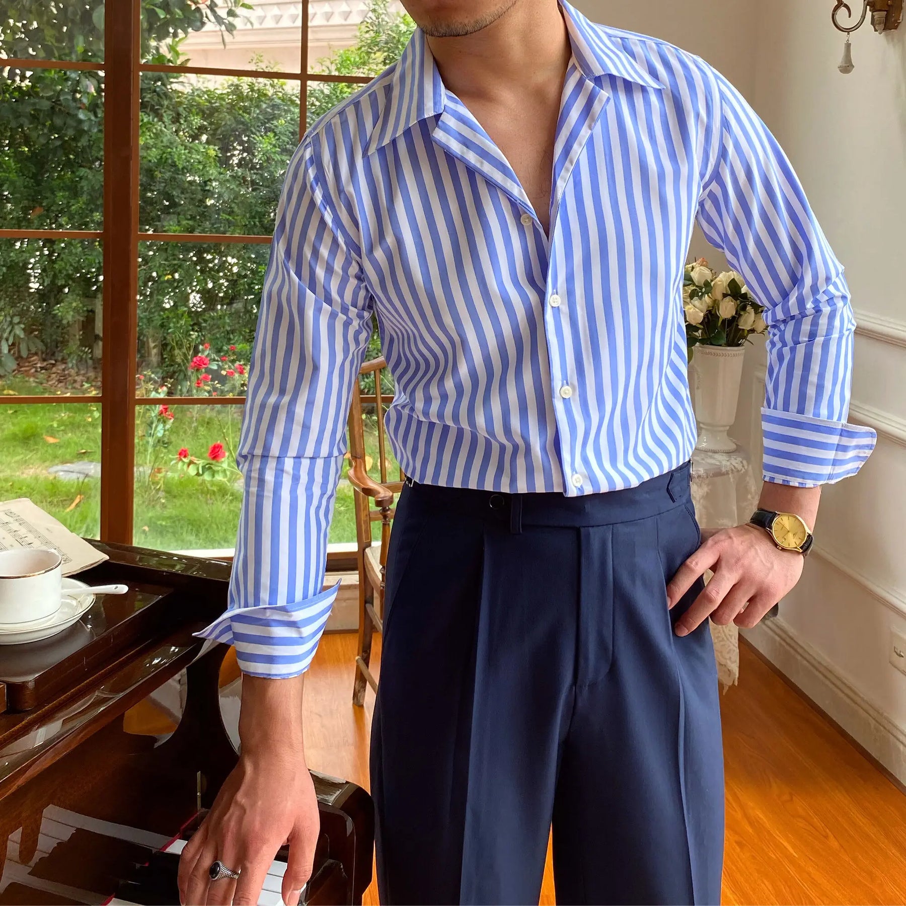 Camisa Social Masculina Rauffstein RS057, modelagem slim fit, gola estruturada e tecido premium para elegância e conforto.