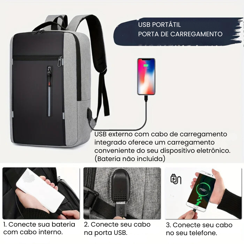 Mochila Executiva Rauffstein RS420 elegante, com porta USB e poliéster impermeável, perfeita para laptop no trabalho ou estudos com conforto.