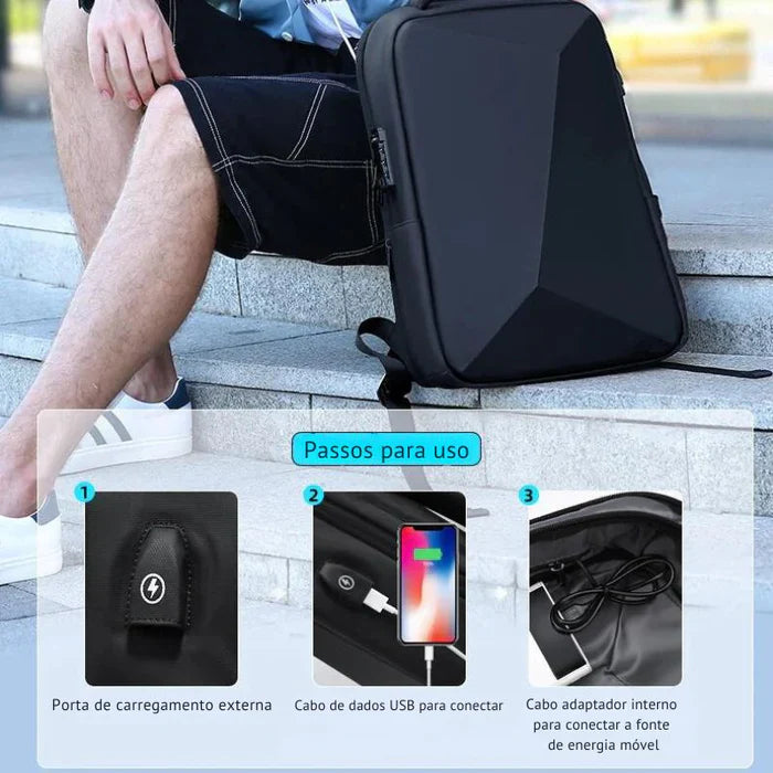 Mochila Executiva Rauffstein RS087 com compartimento para notebook 14", material impermeável, alças ergonômicas e porta USB para mais praticidade.