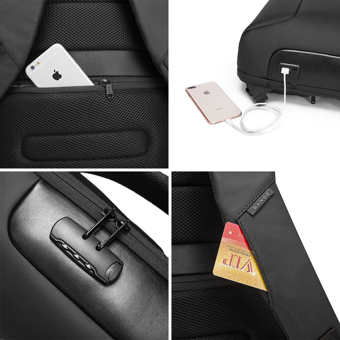 Mochila Executiva Rauffstein RS401 moderna, com tecido impermeável, porta USB e trava TSA, perfeita para notebook 15" em viagens ou trabalho.