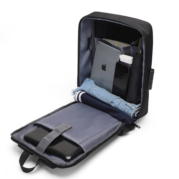 Mochila Executiva Rauffstein RS409 prática, com tecido impermeável e porta USB, perfeita para notebook 15" em viagens ou trabalho com sofisticação.