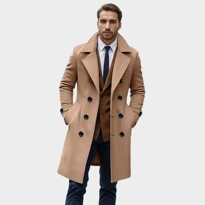 Sobretudo Masculino Longo em Lã Rauffstein RS232, com design transpassado, perfeito para eventos formais com proteção térmica e estilo.