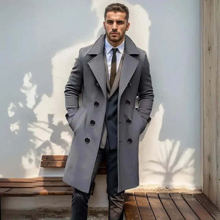 Sobretudo Masculino Longo em Lã Rauffstein RS232, com design transpassado, perfeito para eventos formais com proteção térmica e estilo.