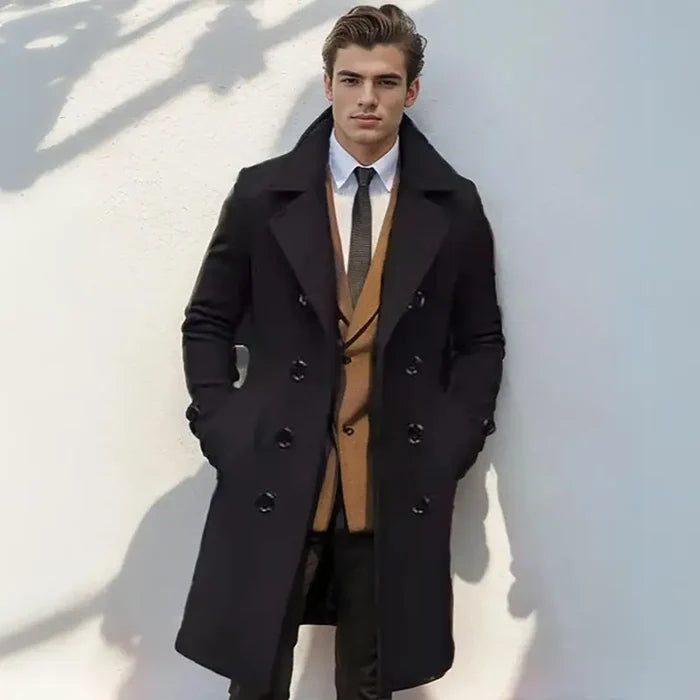 Sobretudo Masculino Longo em Lã Rauffstein RS232, com design transpassado, perfeito para eventos formais com proteção térmica e estilo.