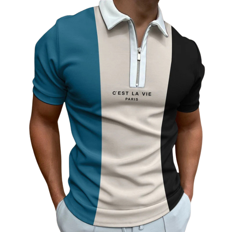 Camisa Polo Masculina Rauffstein RS240 moderna, com estampa listrada e gola com zíper, ideal para visuais casuais e formais com conforto.