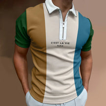 Camisa Polo Masculina Rauffstein RS240 moderna, com estampa listrada e gola com zíper, ideal para visuais casuais e formais com conforto.