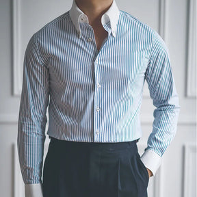 Camisa Social Listrada Masculina Rauffstein RS053, modelagem slim fit, tecido premium e design elegante para estilo e conforto.