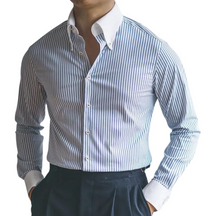 Camisa Social Listrada Masculina Rauffstein RS053, modelagem slim fit, tecido premium e design elegante para estilo e conforto.