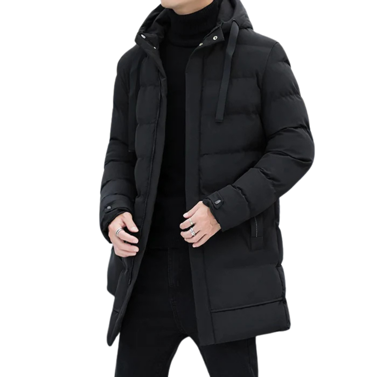 Jaqueta Puffer Masculina Alongada Rauffstein RS076 com design moderno, enchimento térmico e acabamento leve para conforto e proteção no inverno.