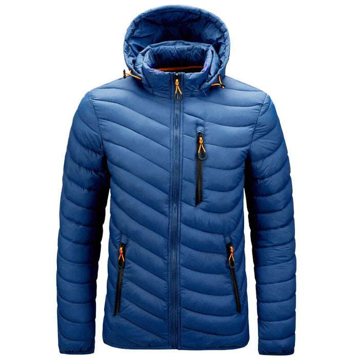 Jaqueta puffer masculina Rauffstein RS090 preta, com capuz e isolamento térmico para frio intenso.