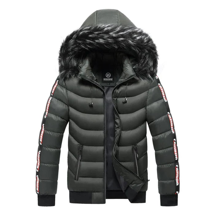 Jaqueta puffer masculina Rauffstein RS112 com capuz forrado, fechamento em zíper e design acolchoado para proteção térmica.