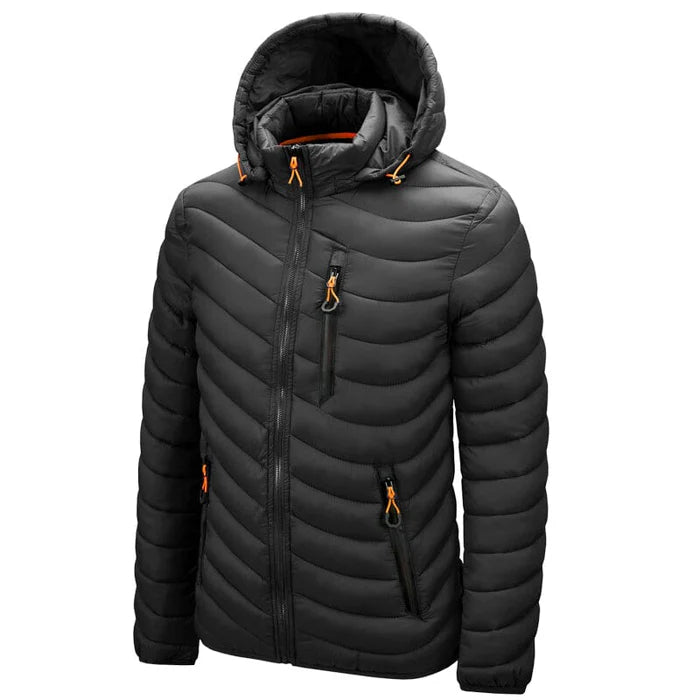 Jaqueta puffer masculina Rauffstein RS090 preta, com capuz e isolamento térmico para frio intenso.