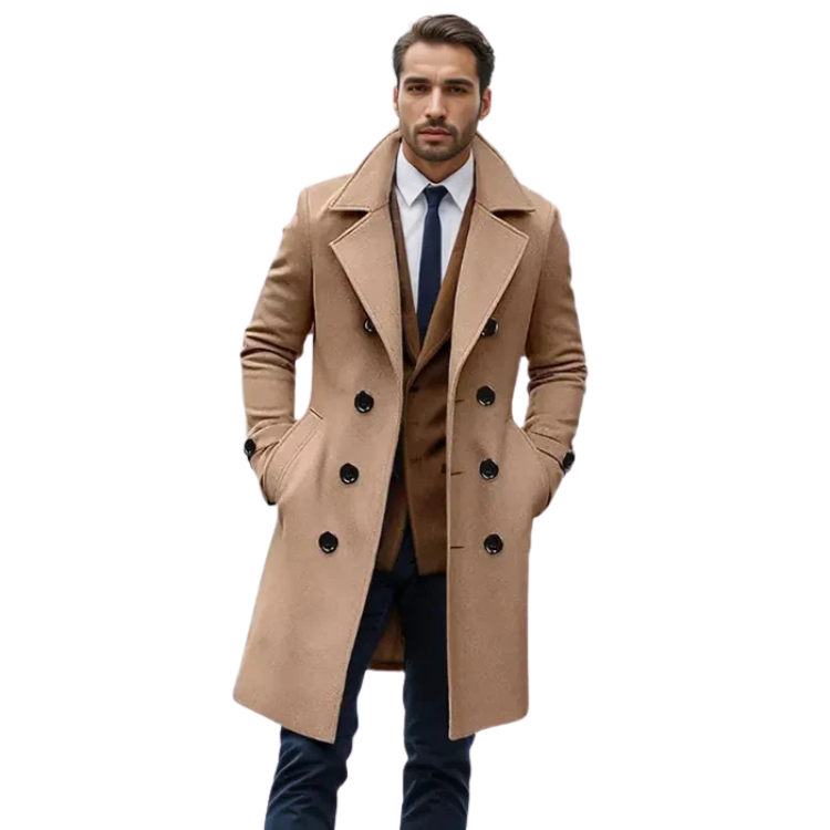 Sobretudo Masculino Longo em Lã Rauffstein RS232, com design transpassado, perfeito para eventos formais com proteção térmica e estilo.
